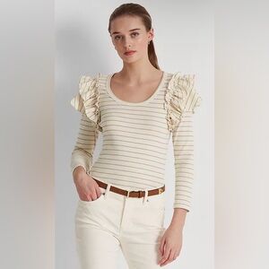 Lauren Ralph Lauren Women's Cream XL Striped Long Sleeve Ruffled Shoulder Top